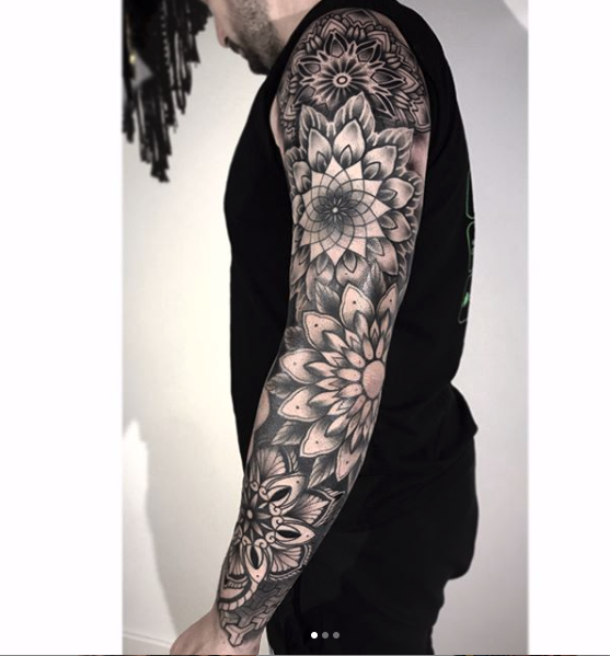 Black geometric pattern tattoo on the leg  Tattoogridnet